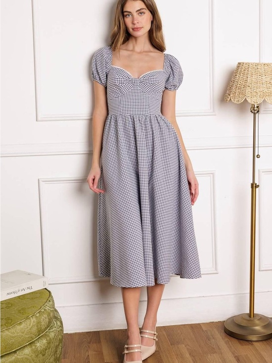 Flying Tomato Dresses & Skirts - Gingham Puff-Sleeve Long Dress